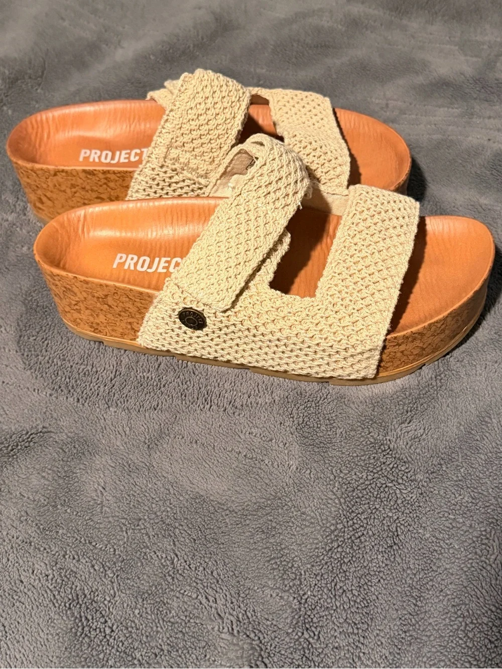 Beige Woven Slide Sandals with Cork Platform